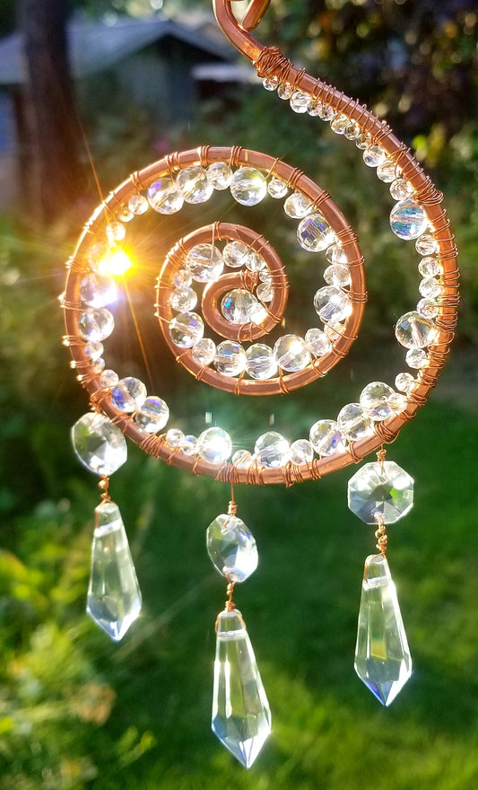 Pre Order Copper and Crystal Suncatcher-Large Spiral with 3 Drops